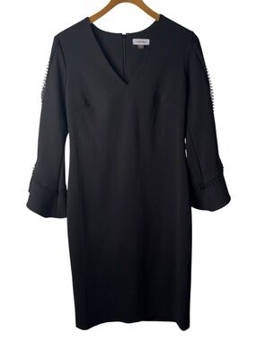 Calvin Klein Solid Black Ruffle Sleeve Lace Trim V Neck Sheath Dress Size 6